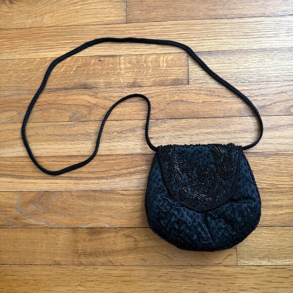 La Regale Handbags - Vintage La Regale Black Beaded Small Mini Purse with Long Shoulder Strap